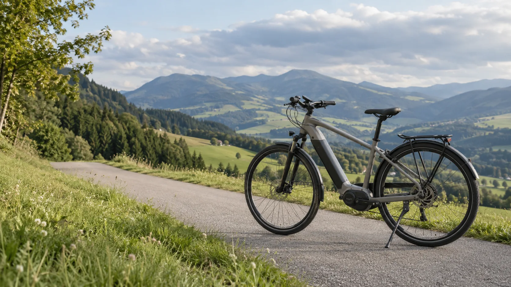 E-Bike vor einer grünen Hügellandschaft