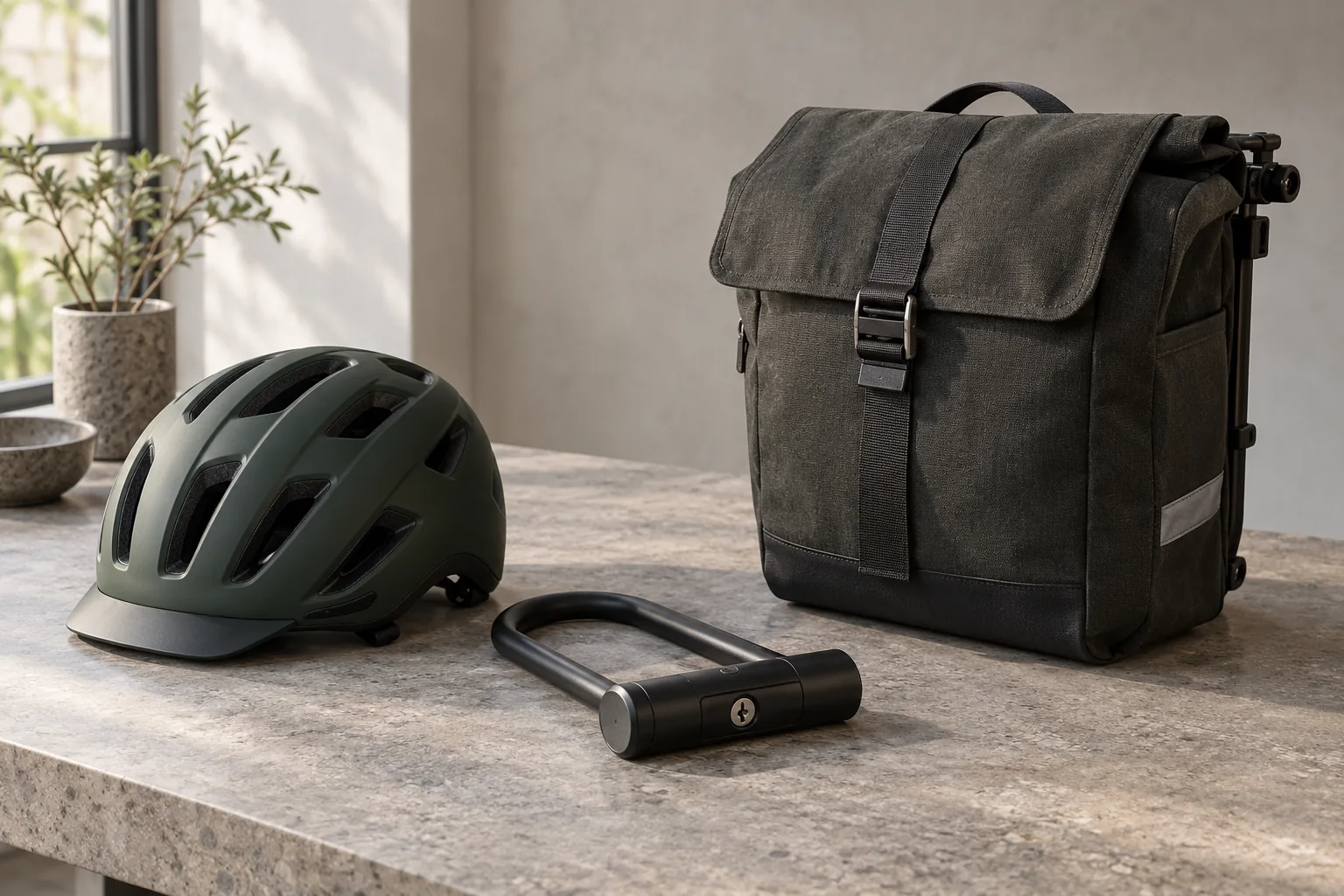 Helm, Schloss und Fahrradtasche als Zubehör-Stillleben